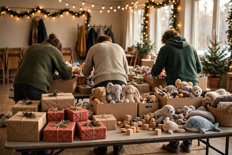 Voluntarios clasificando juguetes y regalos donados para las fiestas