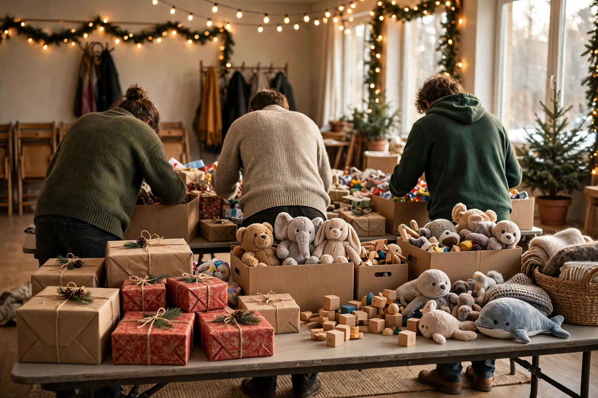 Voluntarios clasificando juguetes y regalos donados para las fiestas
