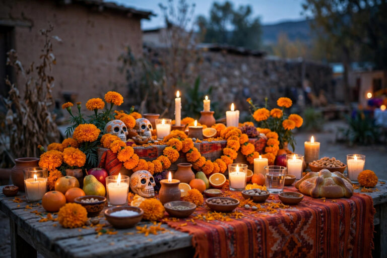 Un altar comunitario del Día de los Muertos con cempasúchiles y velas al anochecer