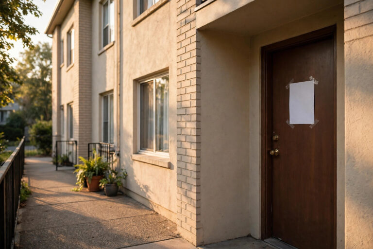 An apartment building in San Jose with a notice on the door
