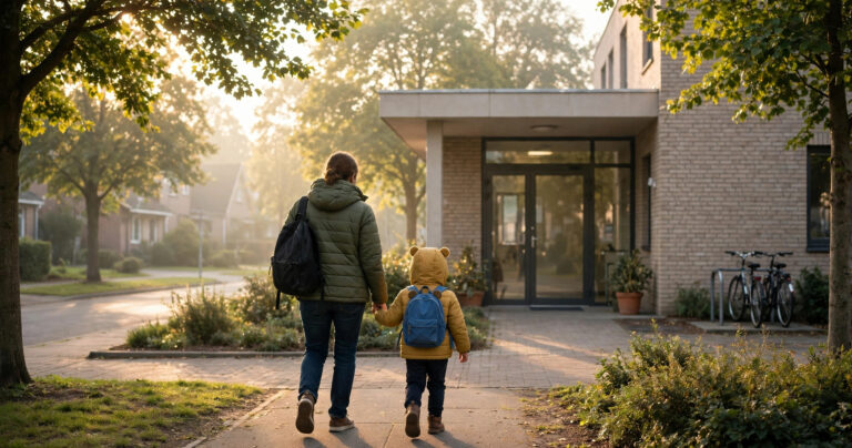 A parent and child walking to a neighborhood clinic in the morning